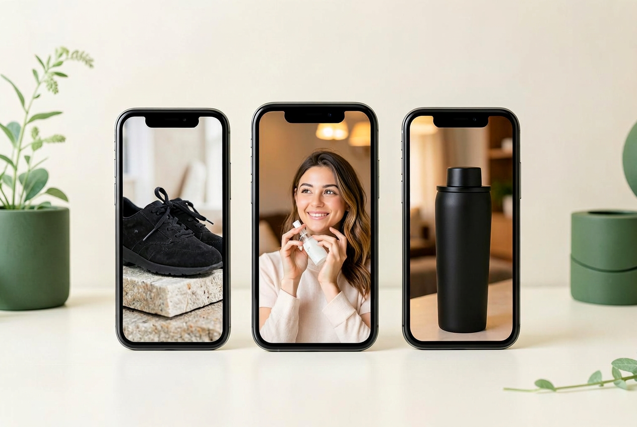 Three phones showing short-form product videos for shoes, skincare, and drinkware