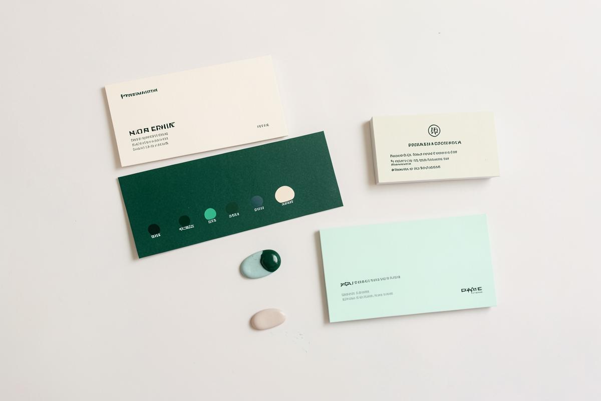 Brand cards and color swatches laid out on a desk