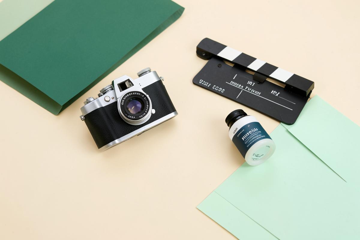 Camera and clapperboard styled on a cream surface