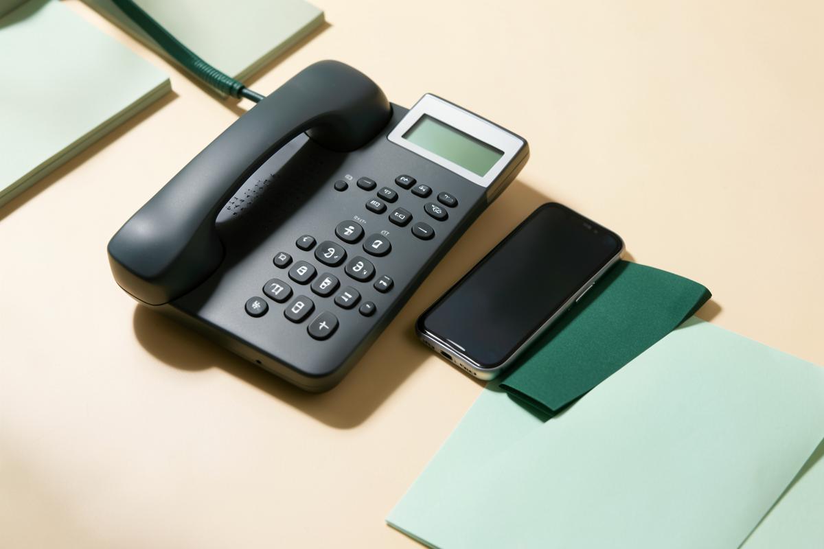 Business desk phone and smartphone on a cream desk