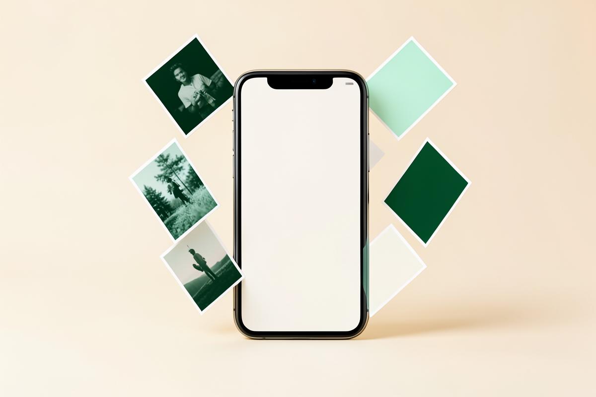 Smartphone surrounded by floating photo cards